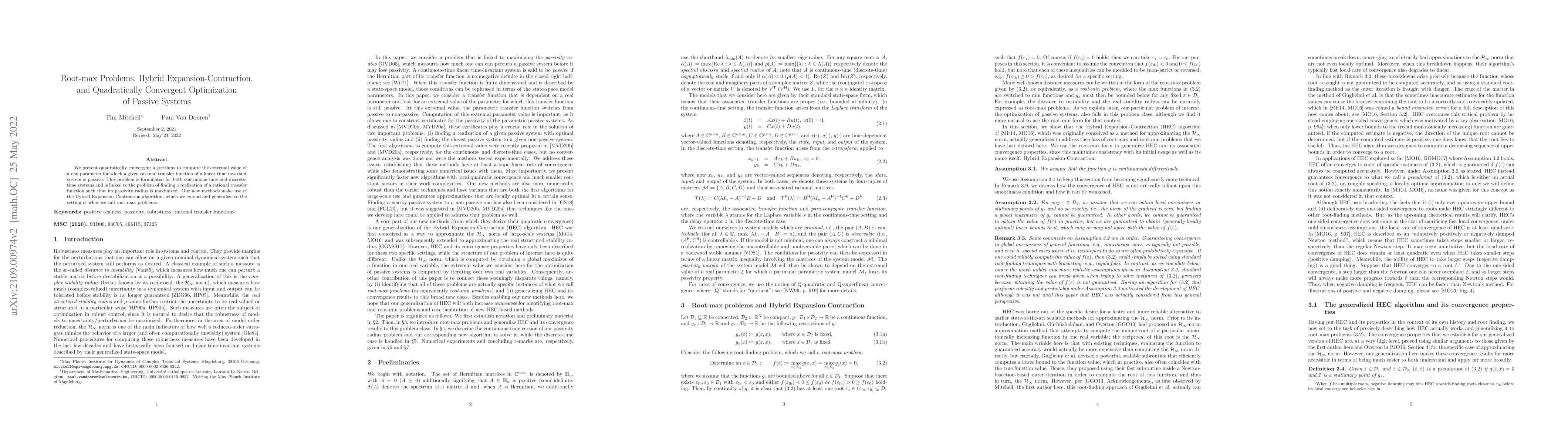 Thumbnail for Root-max Problems, Hybrid Expansion-Contraction, and Quadratically
  Convergent Optimization of Passive Systems