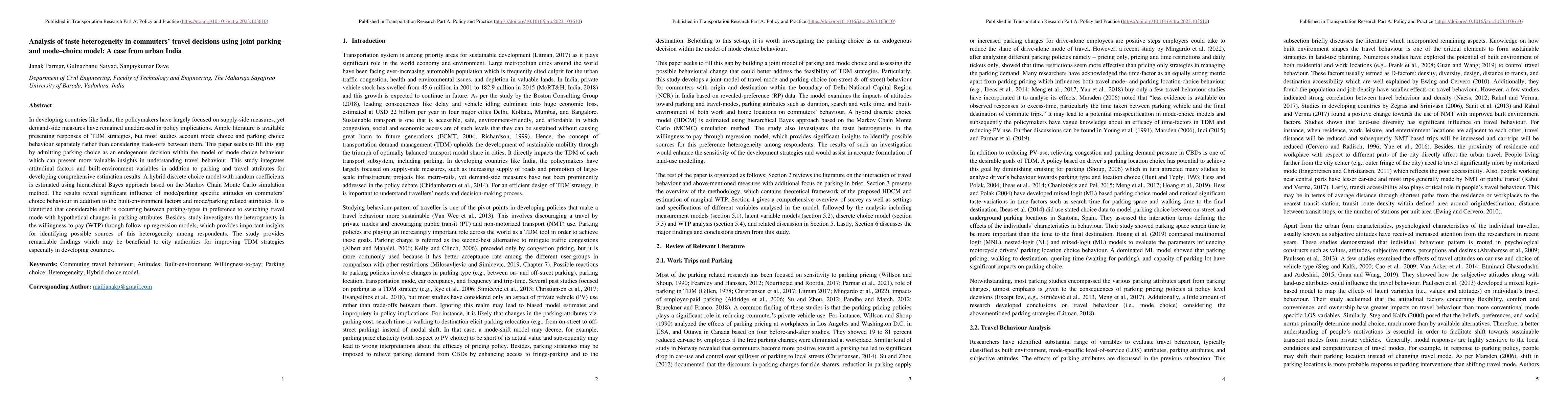 Thumbnail for Analysis of taste heterogeneity in commuters travel decisions using
  joint parking and mode choice model: A case from urban India