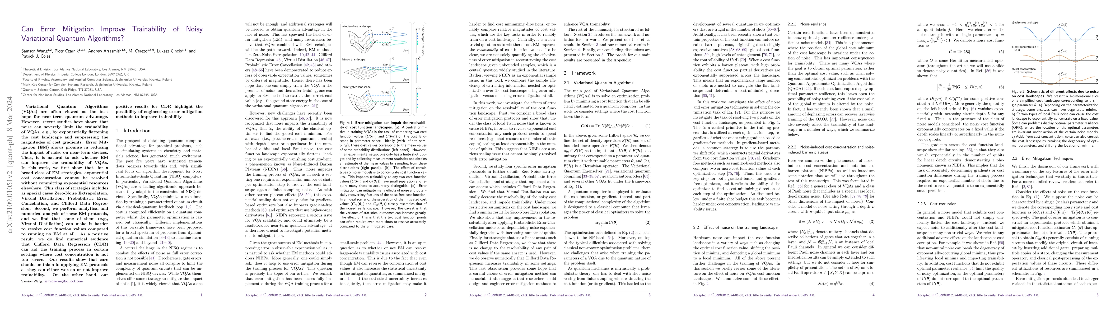 Thumbnail for Can Error Mitigation Improve Trainability of Noisy Variational Quantum
  Algorithms?