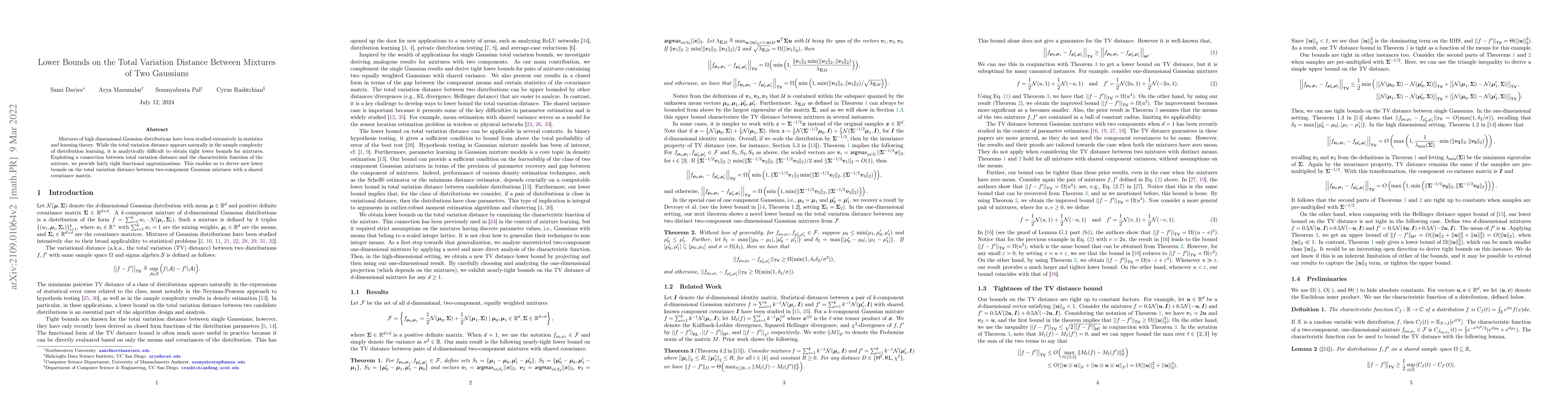 Thumbnail for Lower Bounds on the Total Variation Distance Between Mixtures of Two
  Gaussians