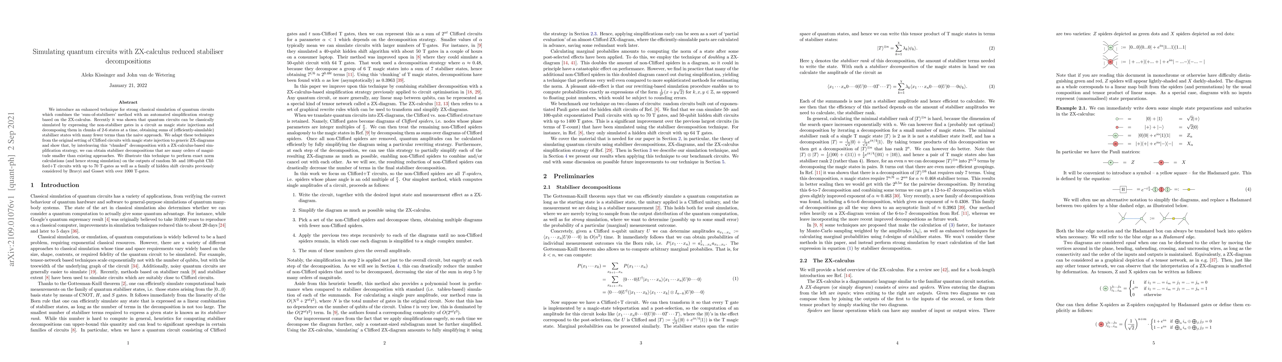 Thumbnail for Simulating quantum circuits with ZX-calculus reduced stabiliser
  decompositions