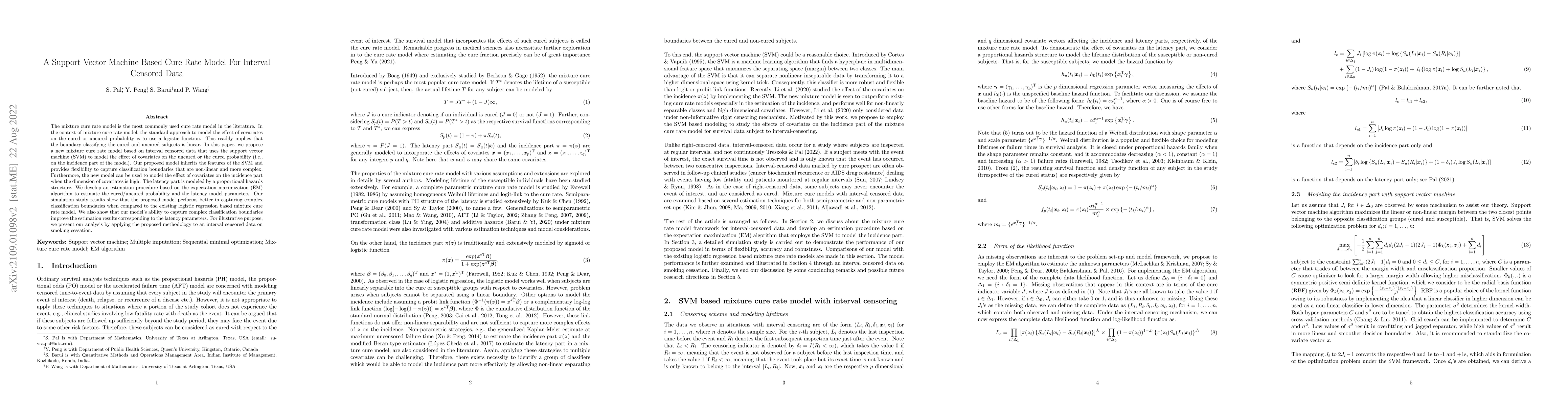 Thumbnail for A Support Vector Machine Based Cure Rate Model For Interval Censored
  Data