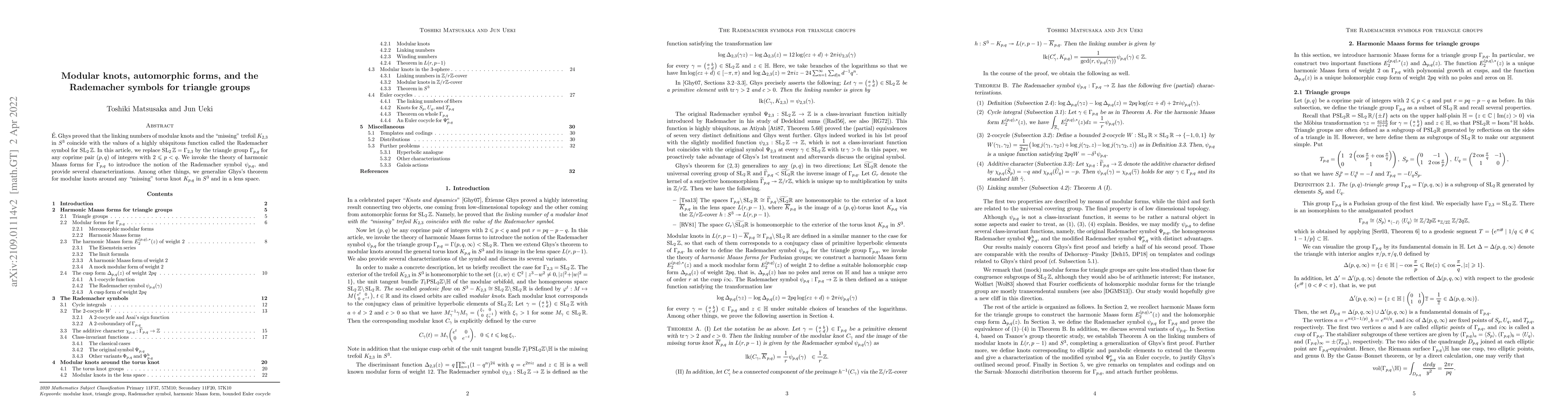 Thumbnail for Modular knots, automorphic forms, and the Rademacher symbols for
  triangle groups