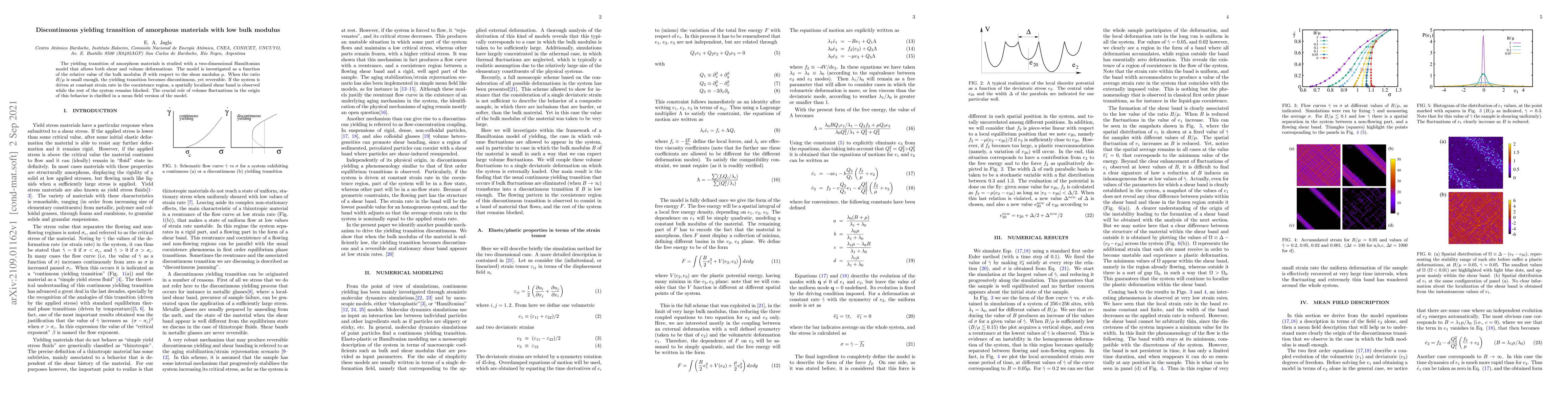 Thumbnail for Discontinuous yielding transition of amorphous materials with low bulk
  modulus