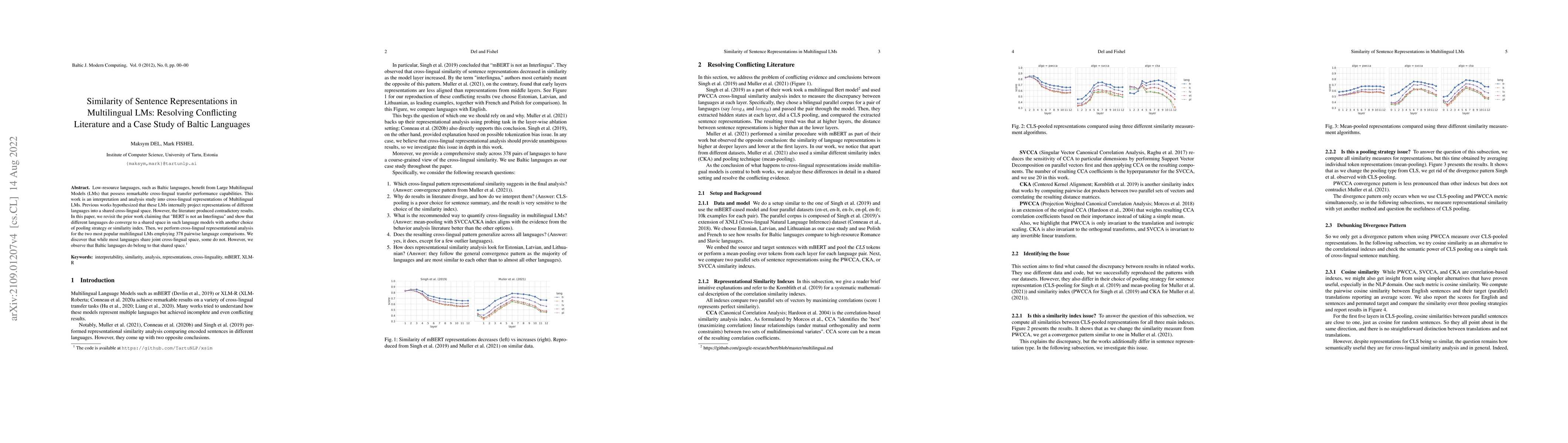 Thumbnail for Similarity of Sentence Representations in Multilingual LMs: Resolving
  Conflicting Literature and Case Study of Baltic Languages