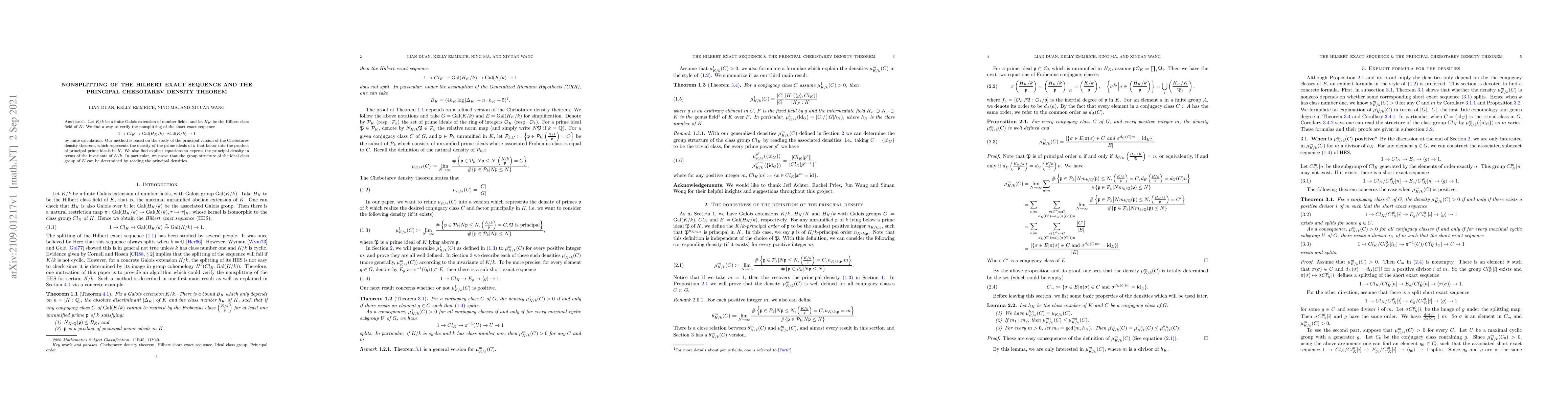 Thumbnail for Nonsplitting of the Hilbert exact sequence and the principal Chebotarev
  density theorem