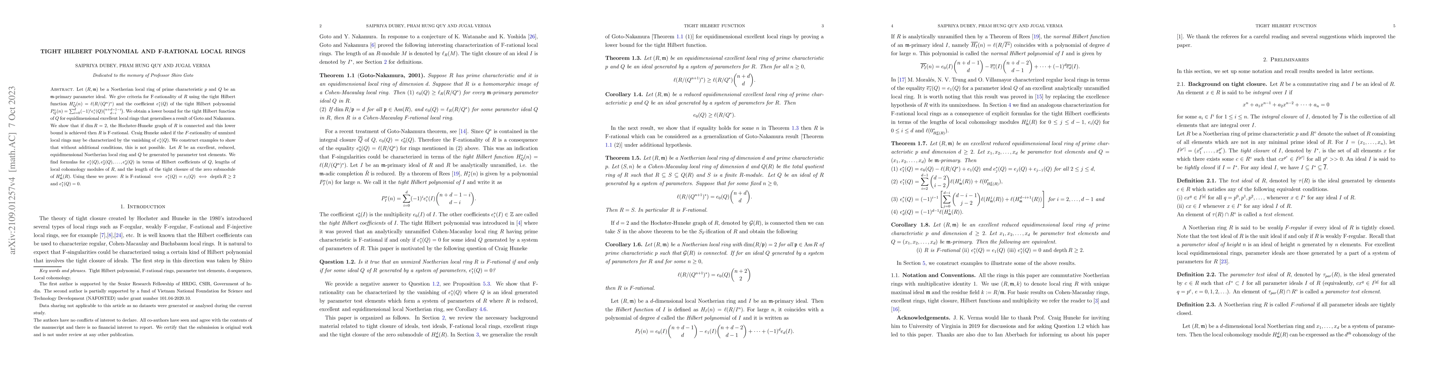 Thumbnail for Tight Hilbert Polynomial and F-rational local rings