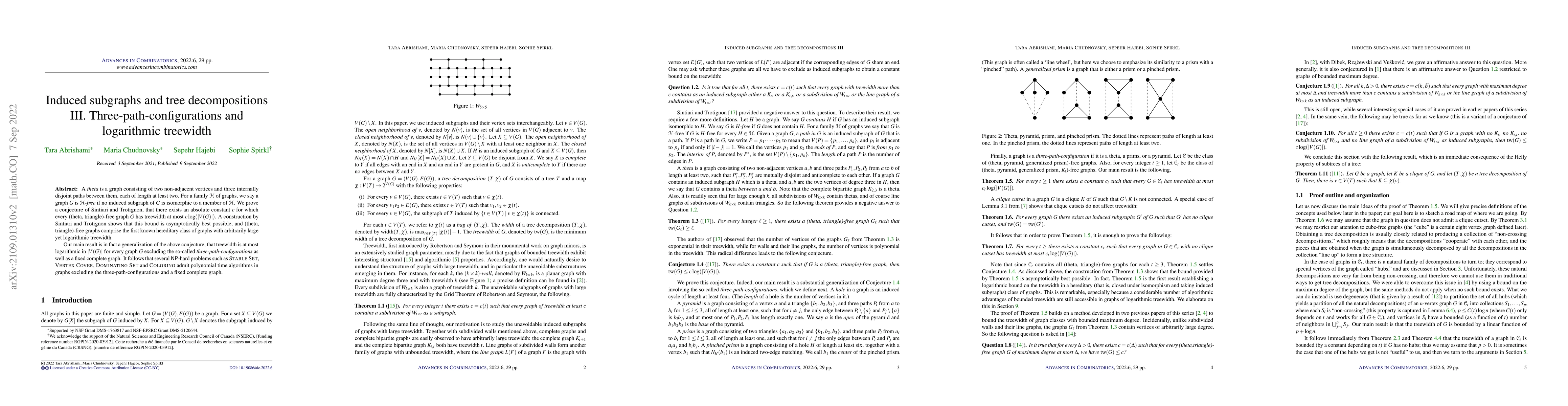 Thumbnail for Induced subgraphs and tree decompositions III. Three-path-configurations
  and logarithmic treewidth