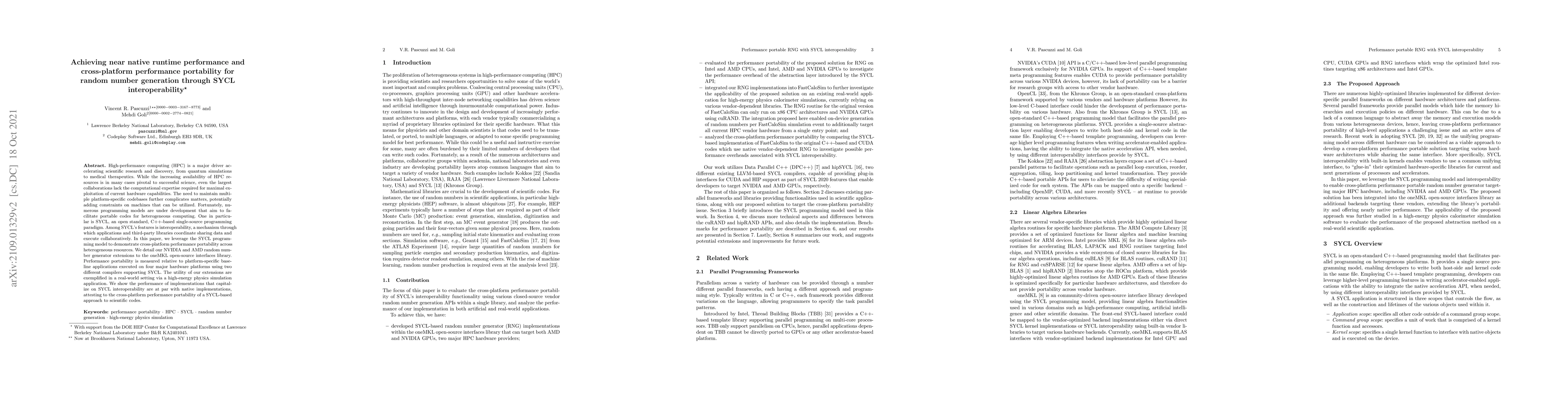 Thumbnail for Achieving near native runtime performance and cross-platform performance
  portability for random number generation through SYCL interoperability