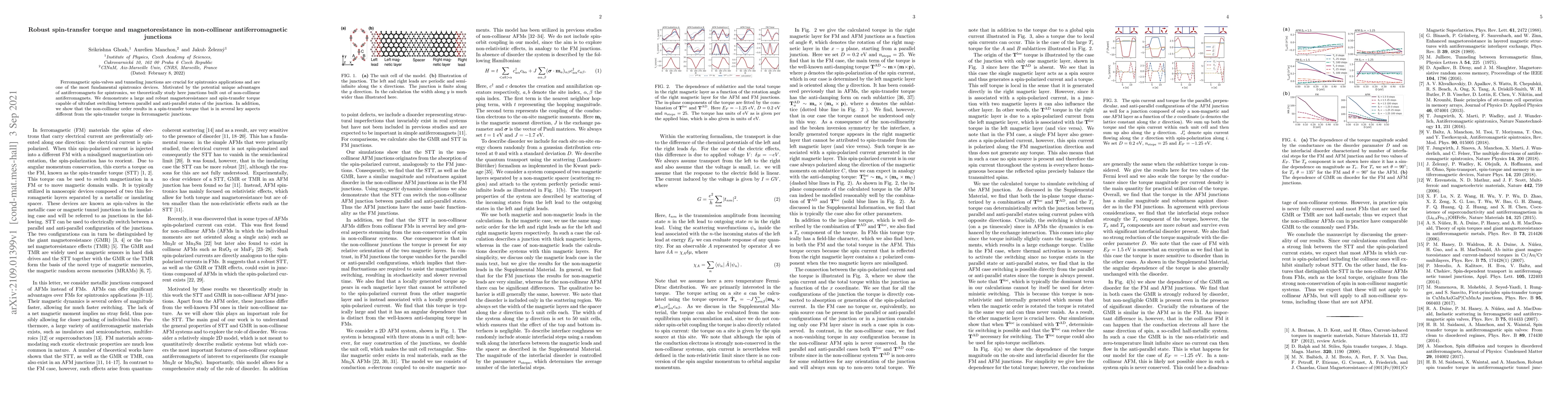 Thumbnail for Robust spin-transfer torque and magnetoresistance in non-collinear
  antiferromagnetic junctions