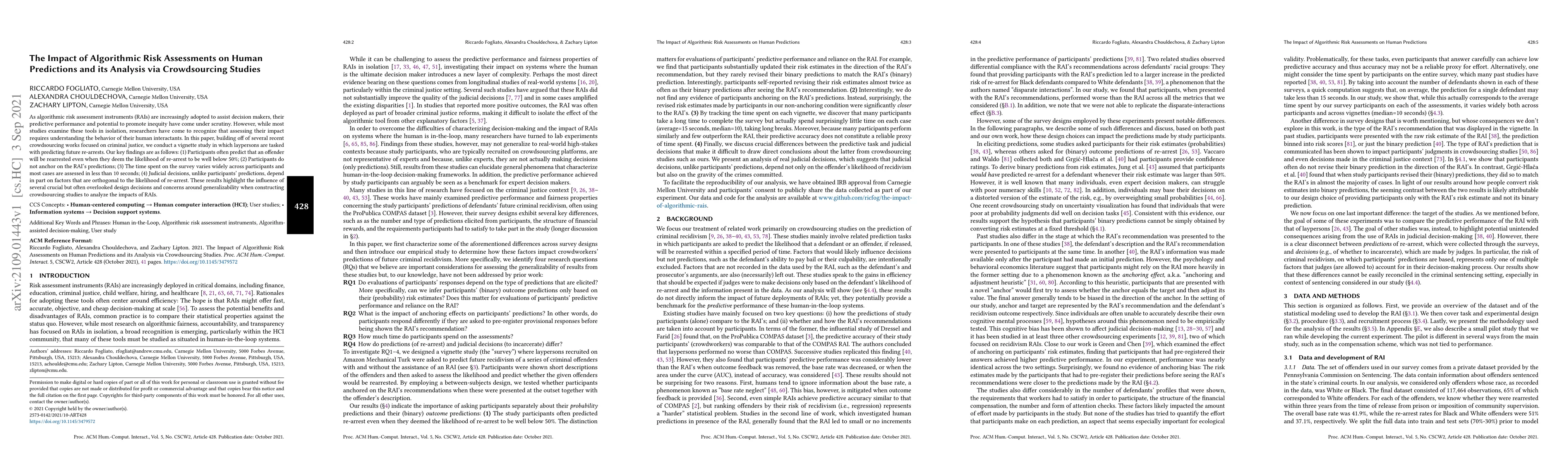 Thumbnail for The Impact of Algorithmic Risk Assessments on Human Predictions and its
  Analysis via Crowdsourcing Studies