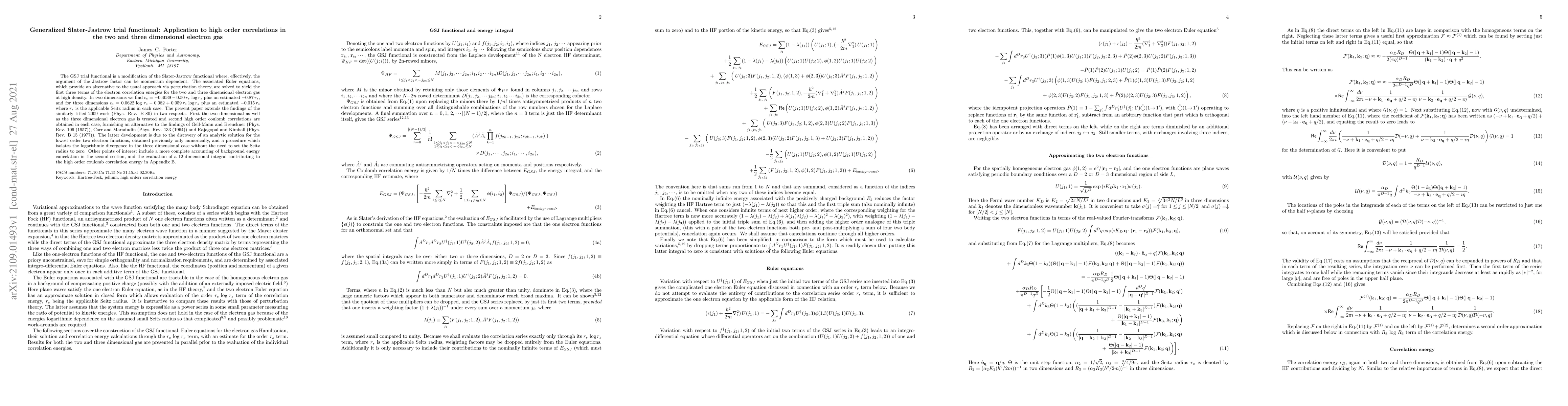 Thumbnail for Generalized Slater-Jastrow trial functional: Application to high order
  correlations in the two and three dimensional electron gas