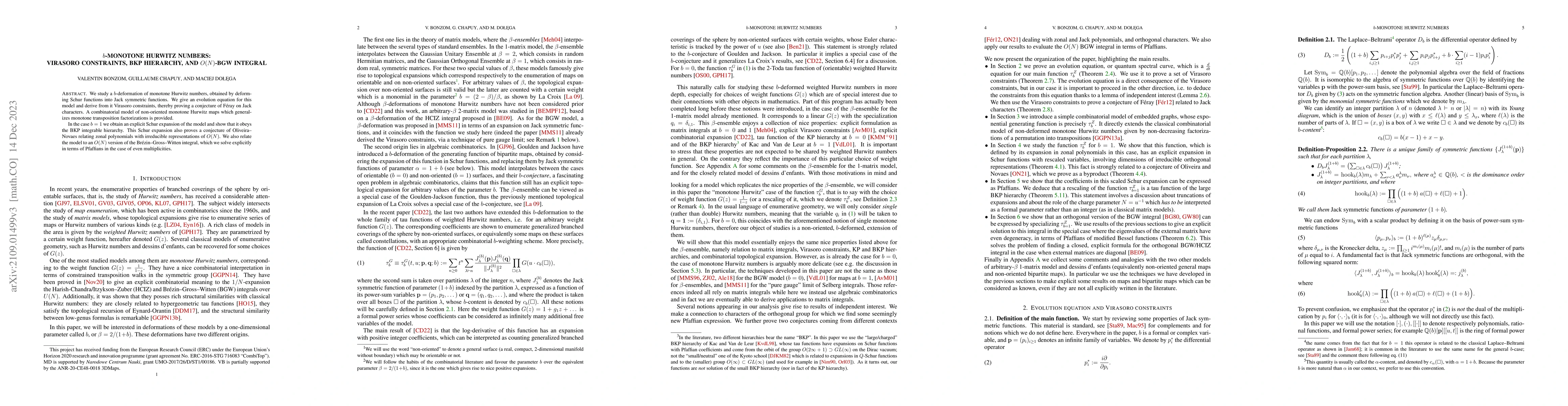 Thumbnail for $b$-monotone Hurwitz numbers: Virasoro constraints, BKP hierarchy, and
  $O(N)$-BGW integral