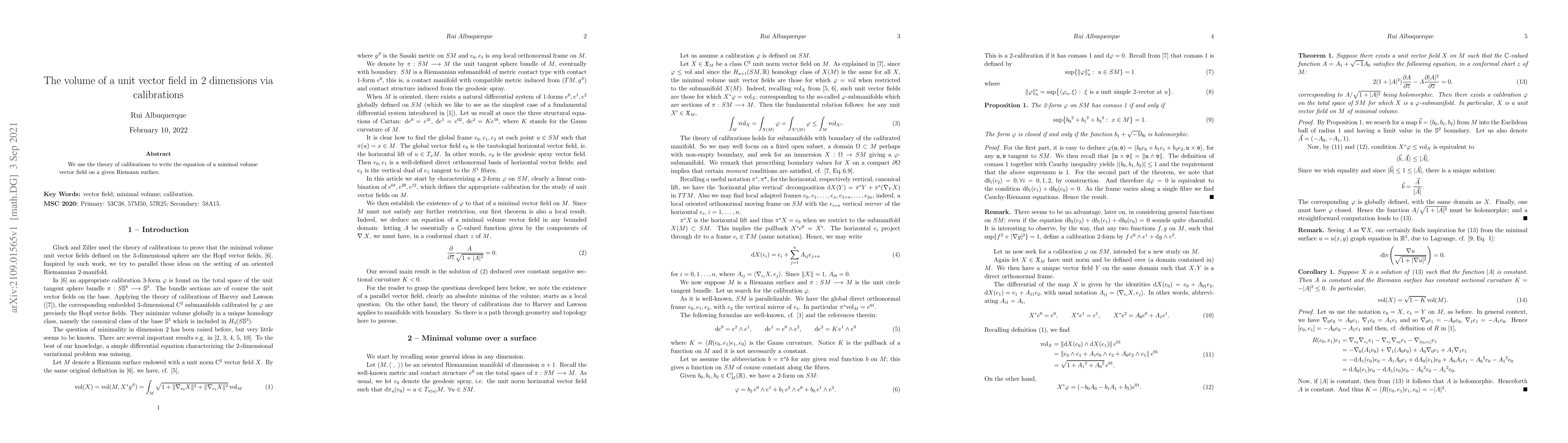 Thumbnail for The volume of a unit vector field in 2 dimensions via calibrations