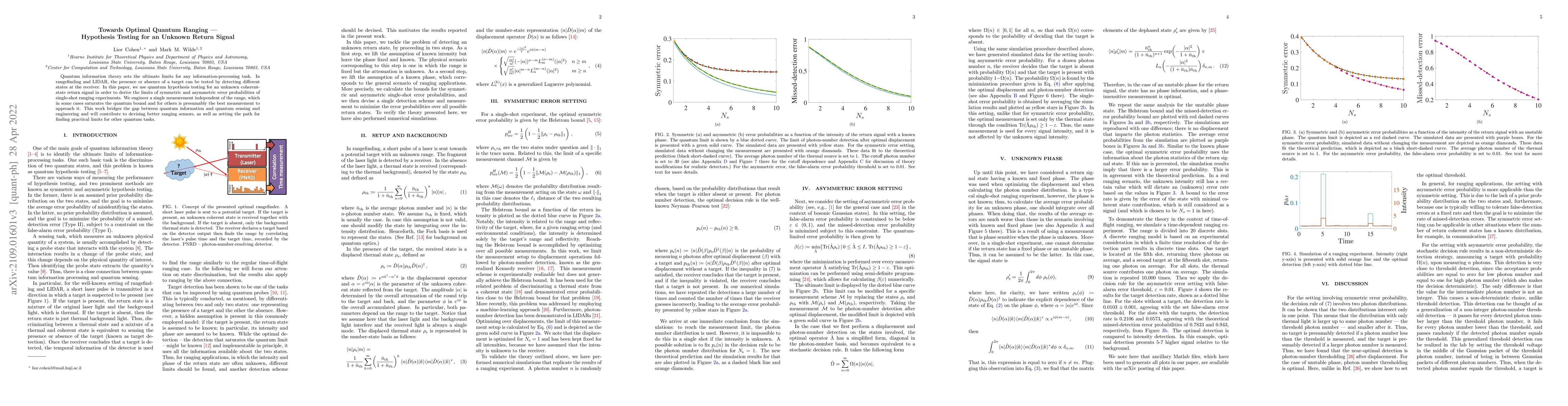 Thumbnail for Towards Optimal Quantum Ranging -- Hypothesis Testing for an Unknown
  Return Signal