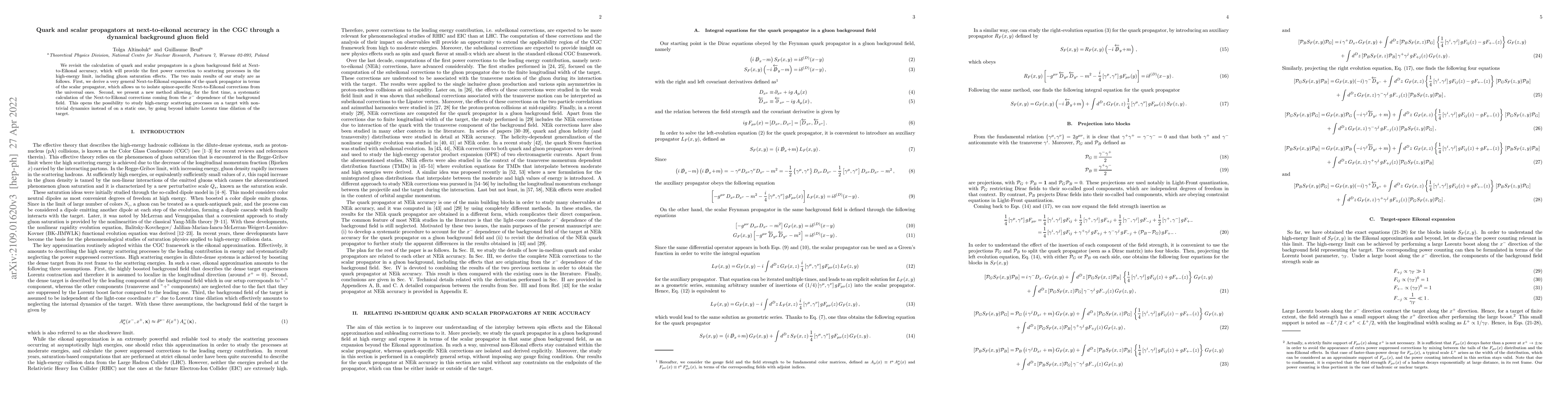 Thumbnail for Quark and scalar propagators at next-to-eikonal accuracy in the CGC
  through a dynamical background gluon field