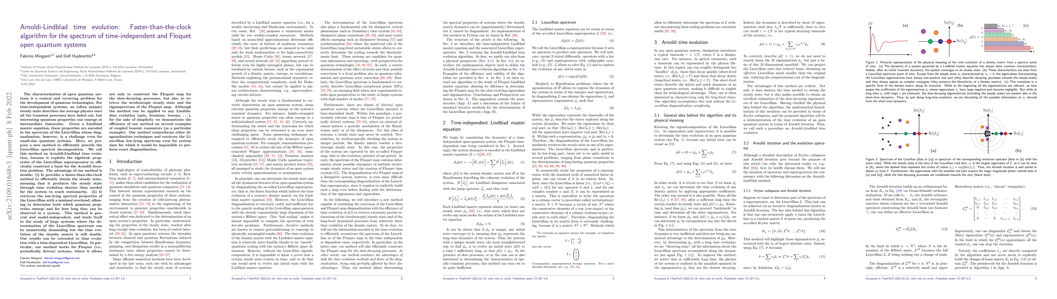 Thumbnail for Arnoldi-Lindblad time evolution: Faster-than-the-clock algorithm for the
  spectrum of time-independent and Floquet open quantum systems