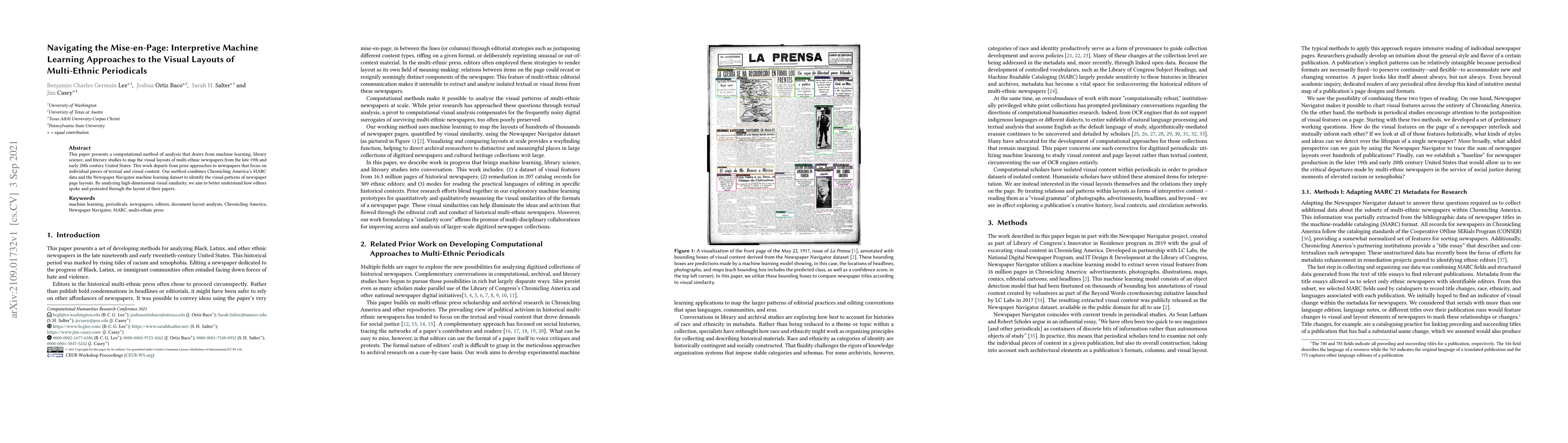 Thumbnail for Navigating the Mise-en-Page: Interpretive Machine Learning Approaches to
  the Visual Layouts of Multi-Ethnic Periodicals