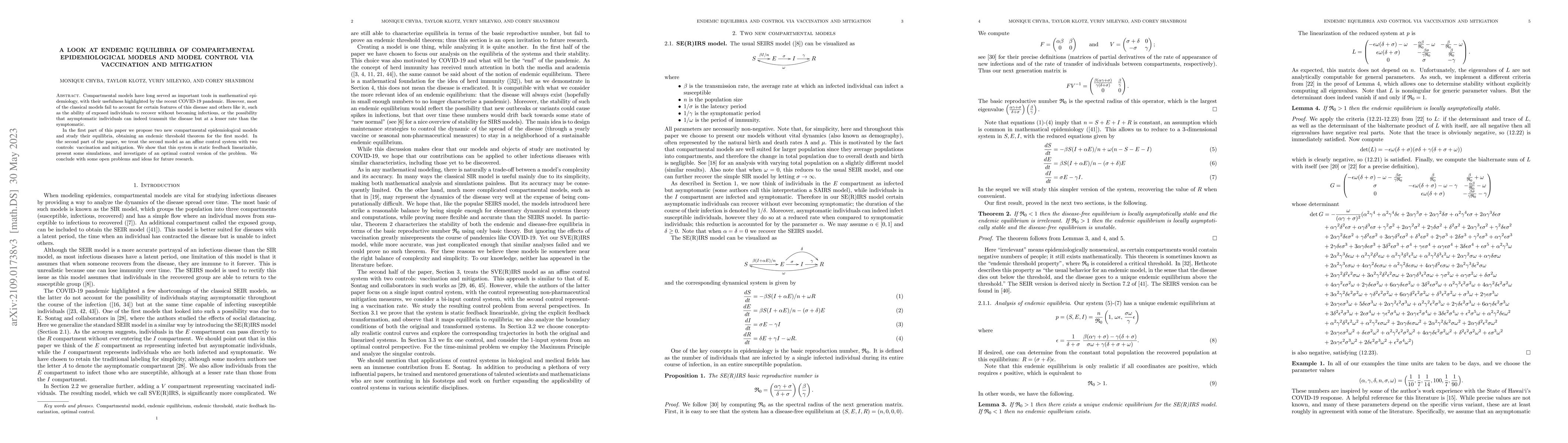 Thumbnail for A look at endemic equilibria of compartmental epidemiological models and
  model control via vaccination and mitigation