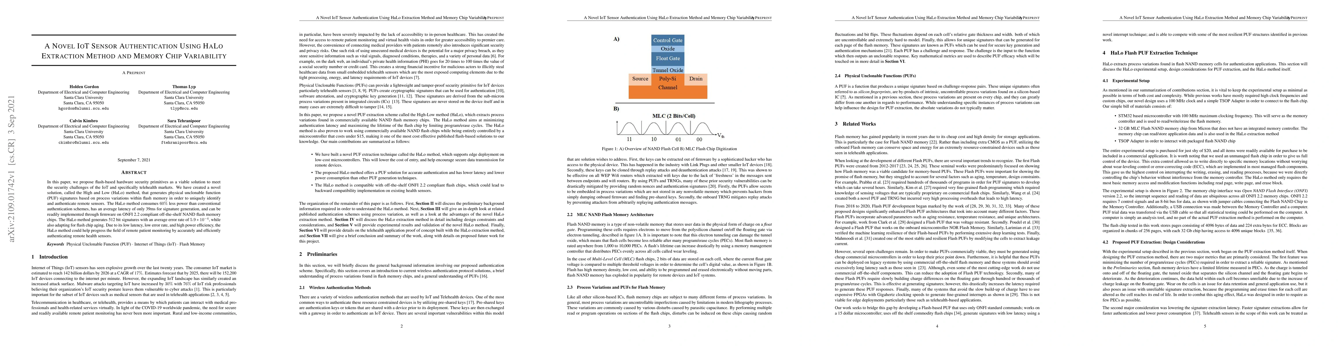 Thumbnail for A Novel IoT Sensor Authentication Using HaLo Extraction Method and
  Memory Chip Variability
