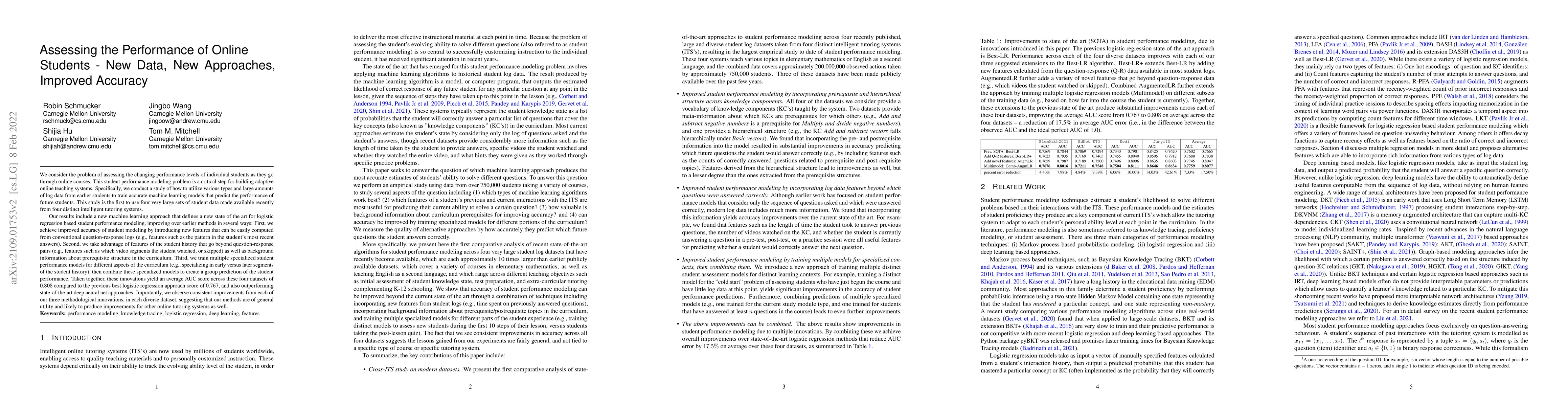 Thumbnail for Assessing the Performance of Online Students -- New Data, New
  Approaches, Improved Accuracy