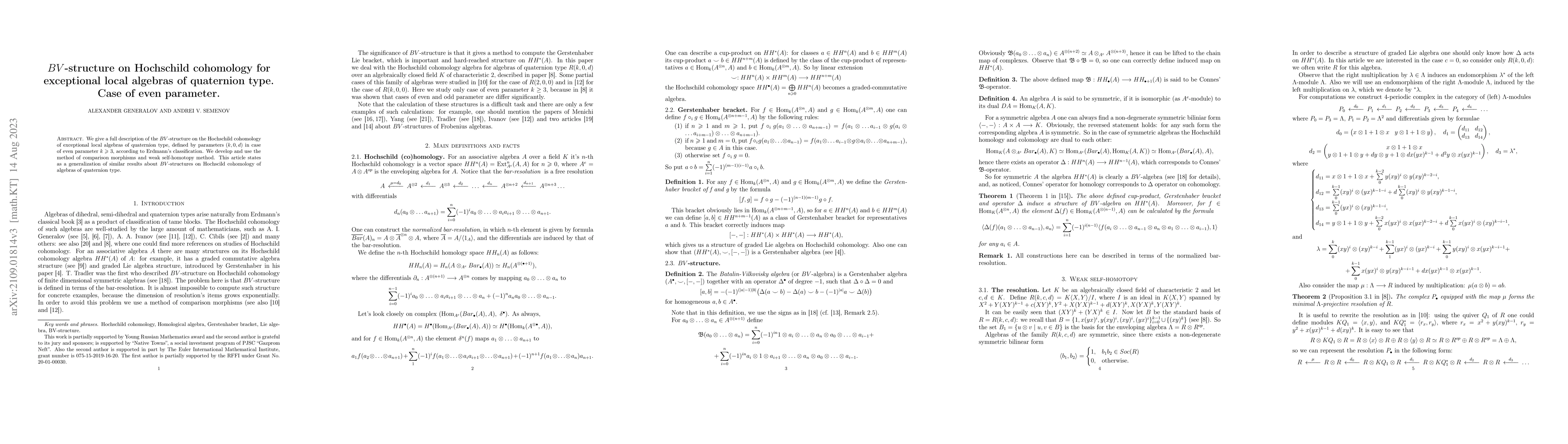 Thumbnail for $BV$-structure on Hochschild cohomology for exceptional local algebras
  of quaternion type. Case of even parameter