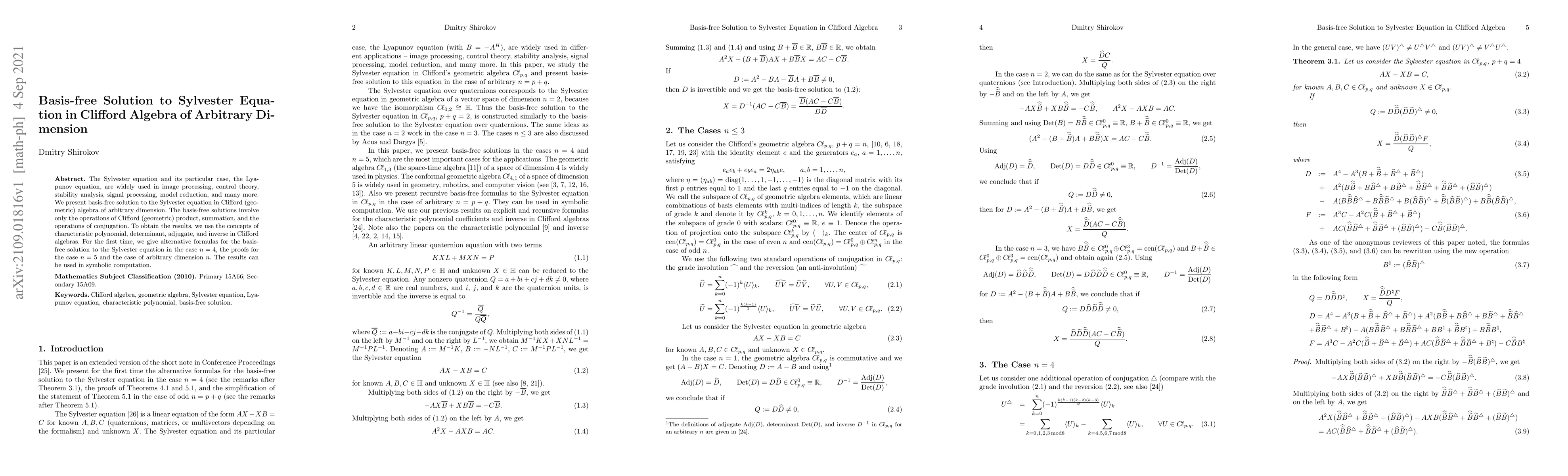 Thumbnail for Basis-free solution to Sylvester equation in Clifford algebra of
  arbitrary dimension