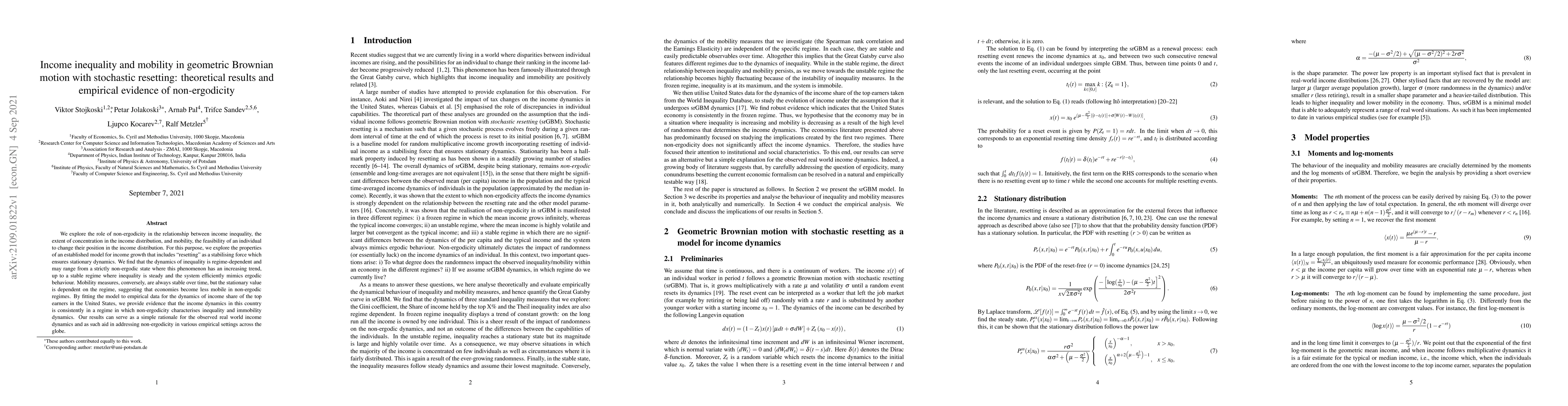 Thumbnail for Income inequality and mobility in geometric Brownian motion with
  stochastic resetting: theoretical results and empirical evidence of
  non-ergodicity