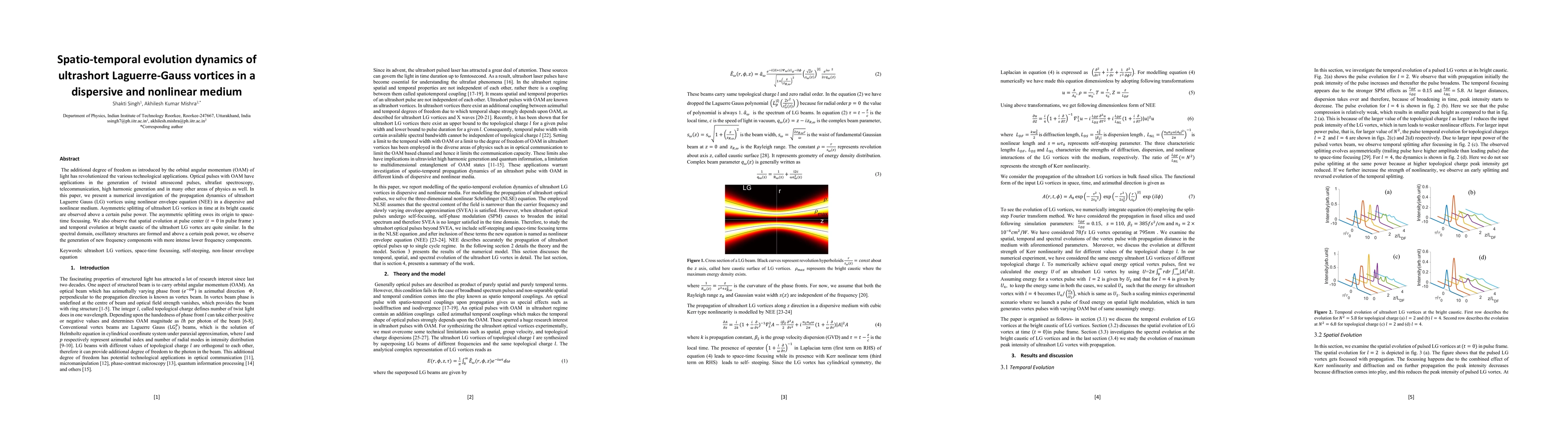Thumbnail for Spatio-temporal Evolution Dynamics of Ultrashort Laguerre-Gauss Vortices
  in a Dispersive and Nonlinear Medium
