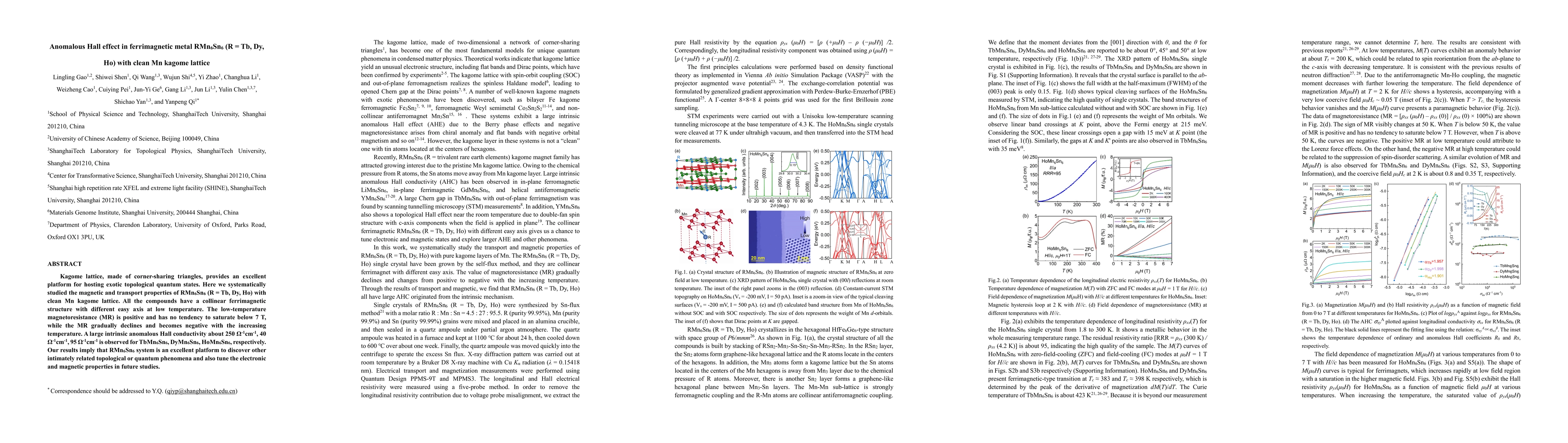 Thumbnail for Anomalous Hall effect in ferrimagnetic metal RMn6Sn6 (R = Tb, Dy, Ho)
  with clean Mn kagome lattice