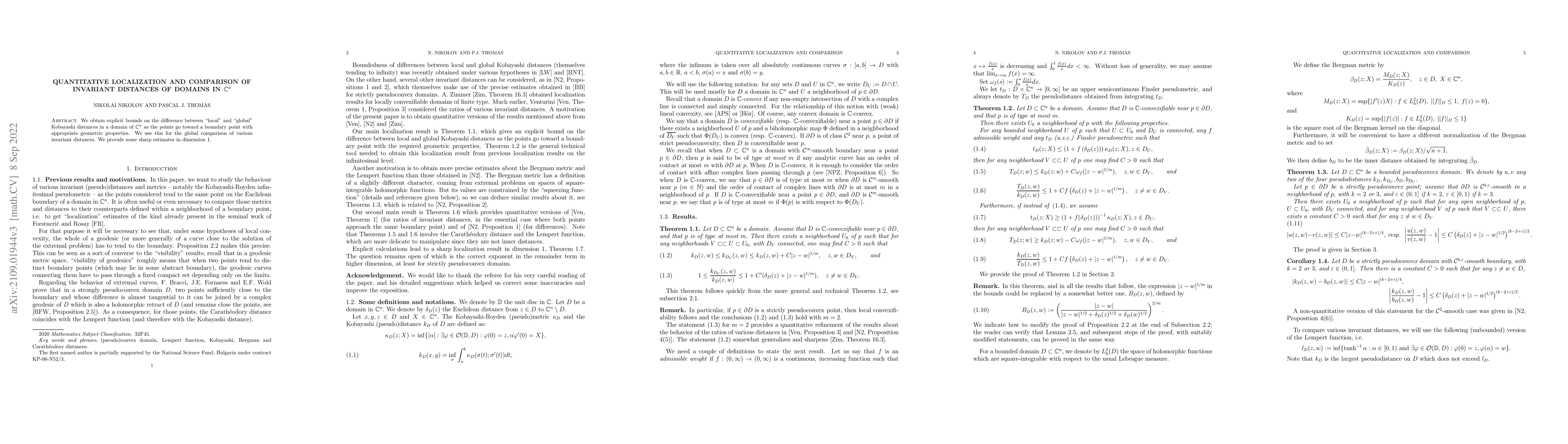 Thumbnail for Quantitative localization and comparison of invariant distances of
  domains in $\mathbb C^n$