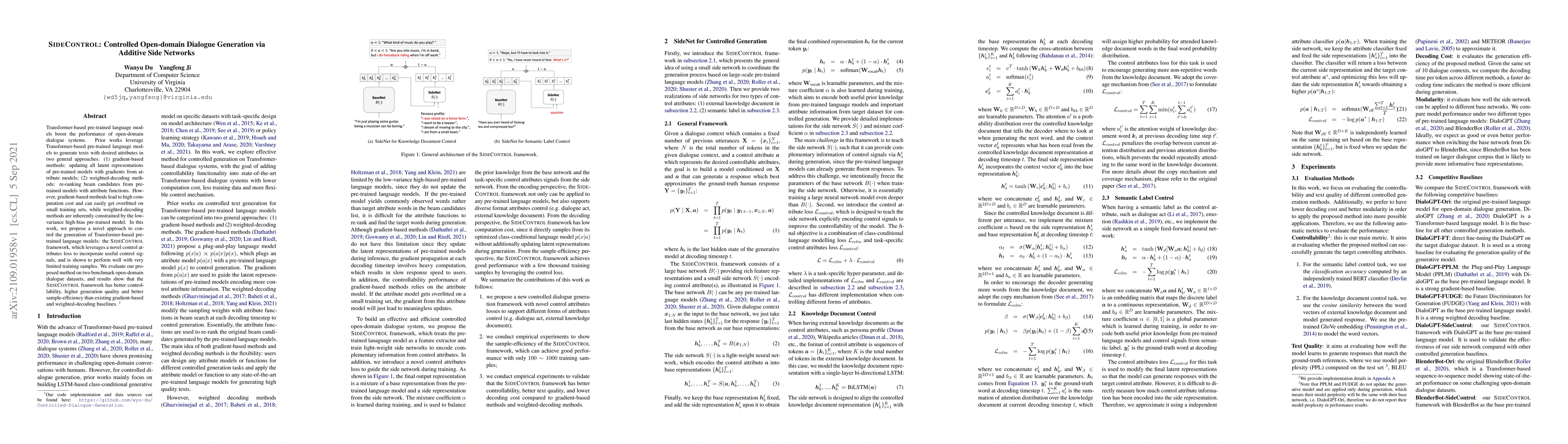 Thumbnail for SideControl: Controlled Open-domain Dialogue Generation via Additive
  Side Networks