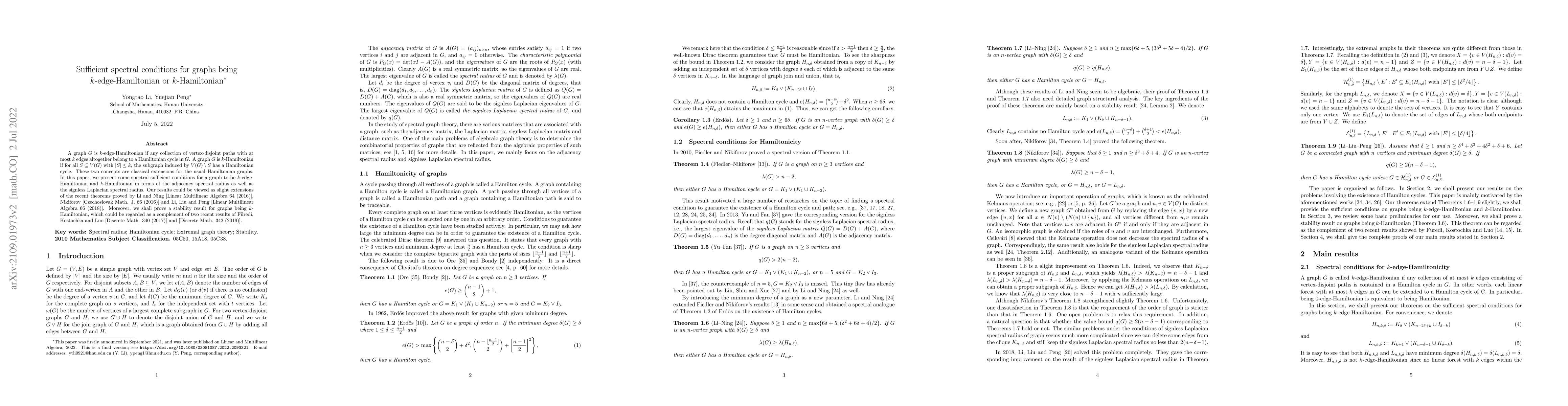 Thumbnail for Sufficient spectral conditions for graphs being $k$-edge-Hamiltonian or
  $k$-Hamiltonian
