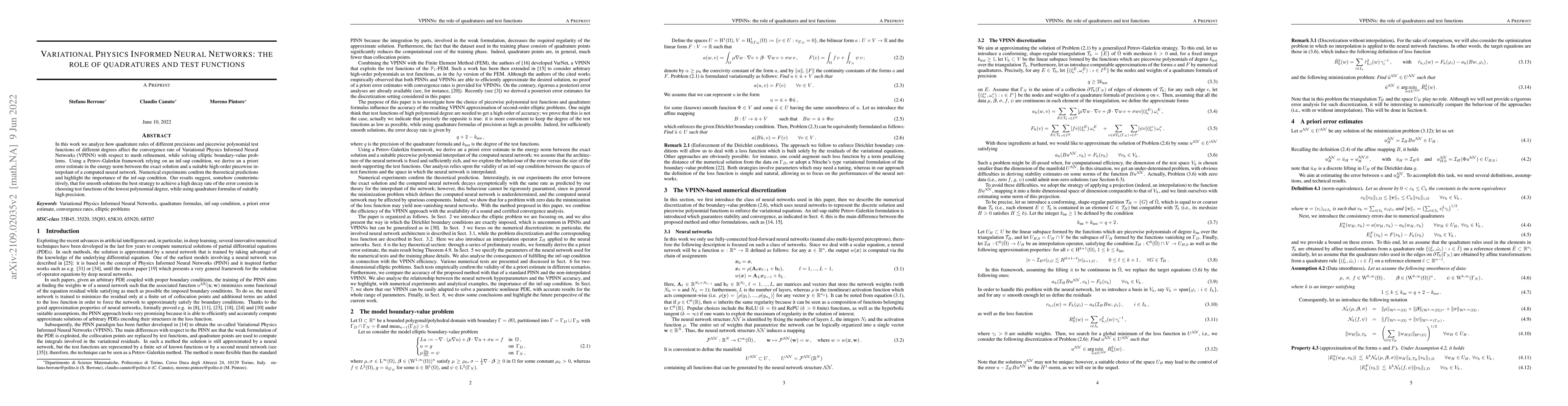 Thumbnail for Variational Physics Informed Neural Networks: the role of quadratures
  and test functions