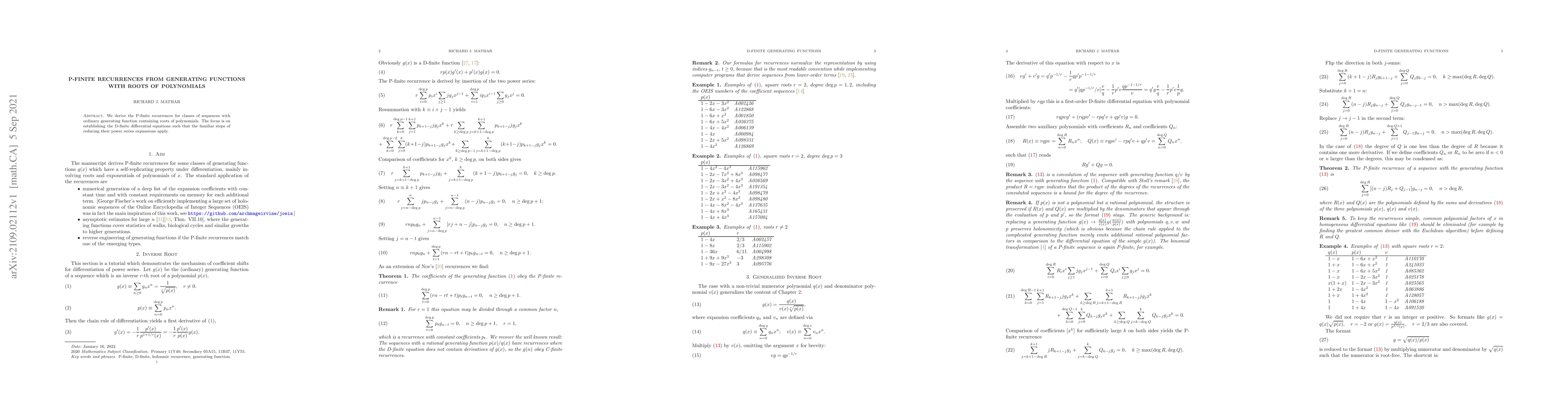 Thumbnail for P-finite Recurrences From Generating Functions with Roots of Polynomials