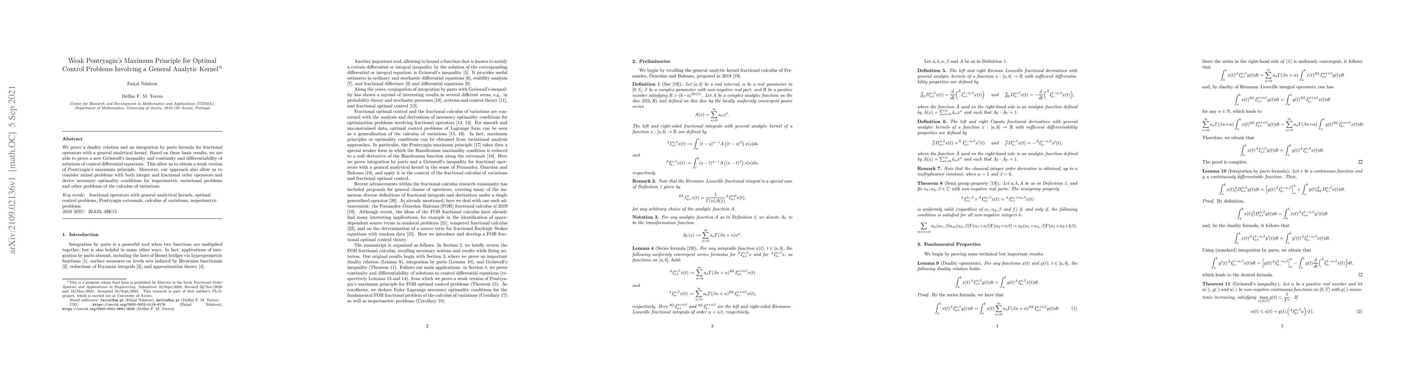 Thumbnail for Weak Pontryagin's Maximum Principle for Optimal Control Problems
  Involving a General Analytic Kernel