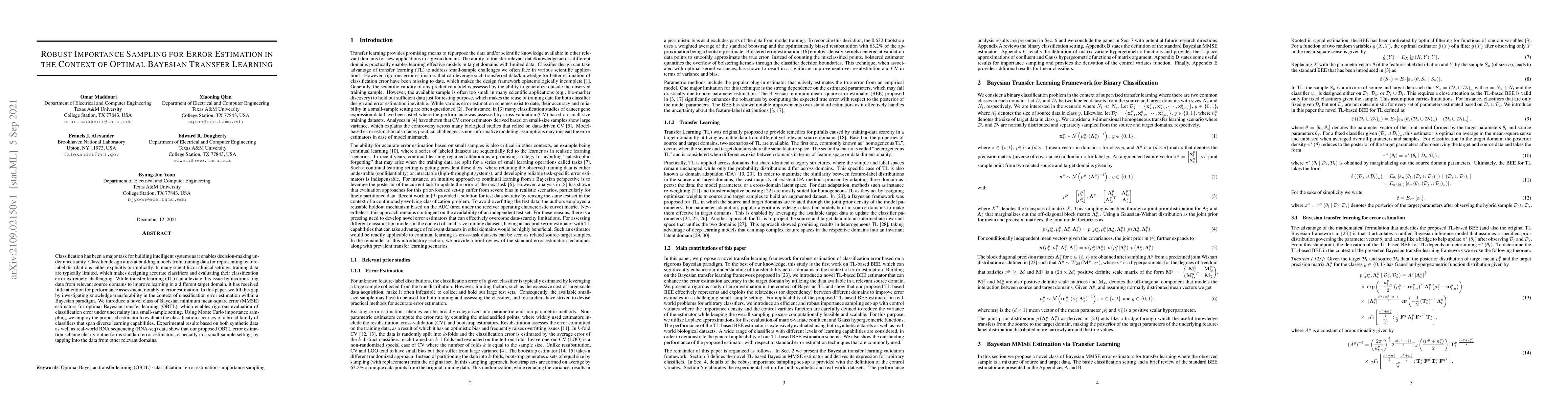 Thumbnail for Robust Importance Sampling for Error Estimation in the Context of
  Optimal Bayesian Transfer Learning