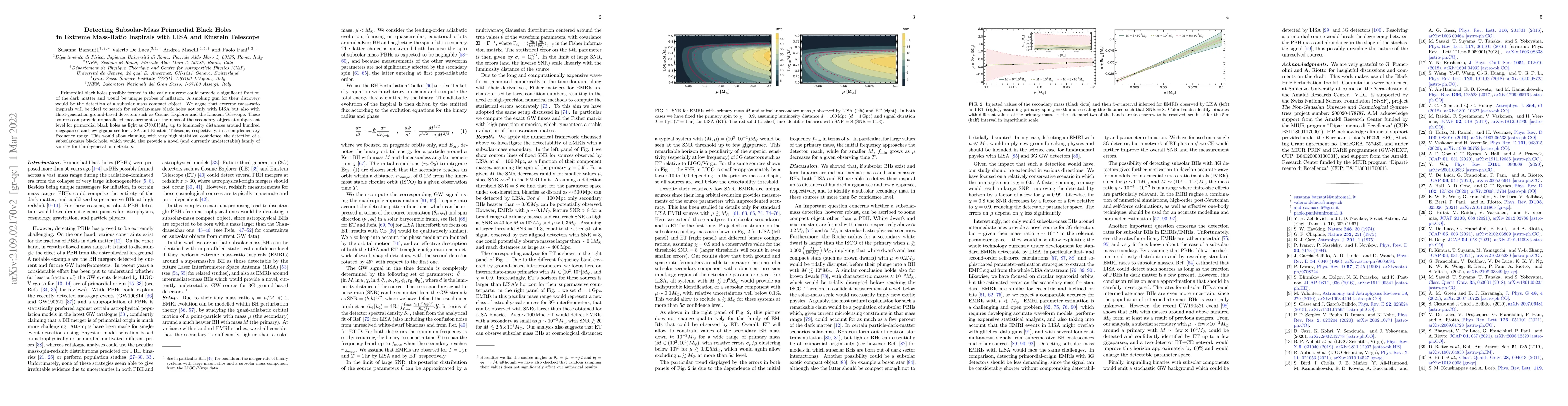 Thumbnail for Detecting Subsolar-Mass Primordial Black Holes in Extreme Mass-Ratio
  Inspirals with LISA and Einstein Telescope
