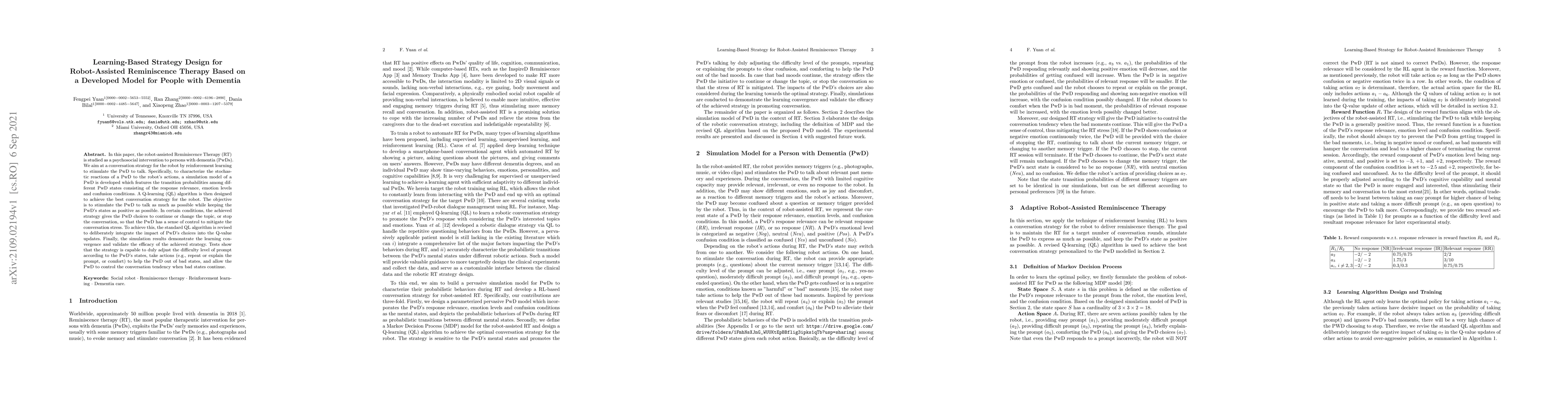 Thumbnail for Learning-Based Strategy Design for Robot-Assisted Reminiscence Therapy
  Based on a Developed Model for People with Dementia
