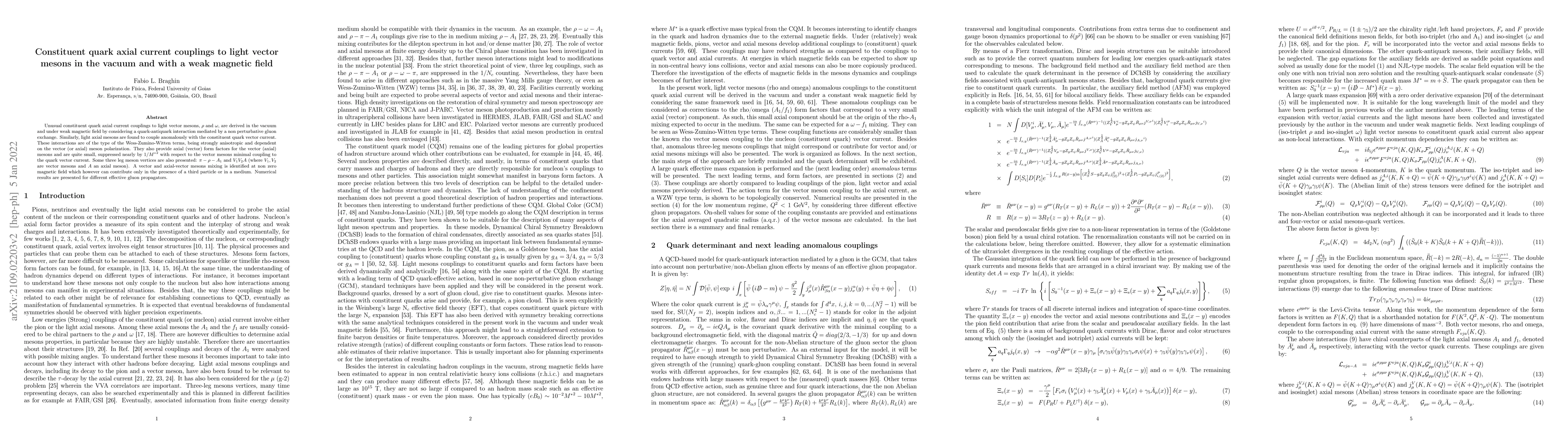 Thumbnail for Constituent quark axial current couplings to light vector mesons in the
  vacuum and with a weak magnetic field