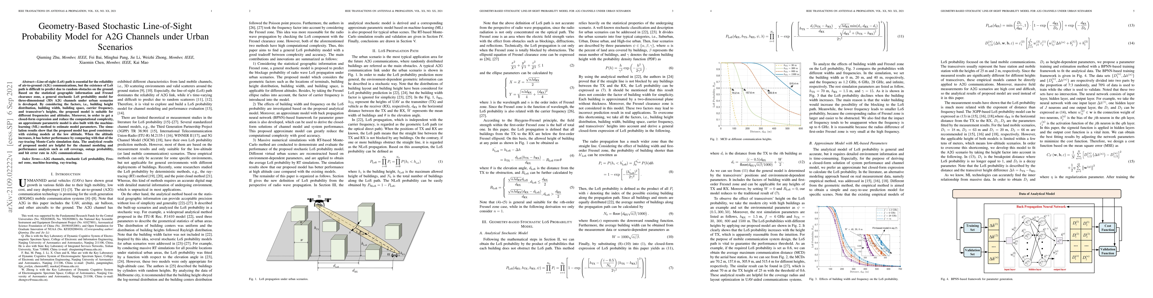 Thumbnail for Geometry-Based Stochastic Line-of-Sight Probability Model for A2G
  Channels under Urban Scenarios