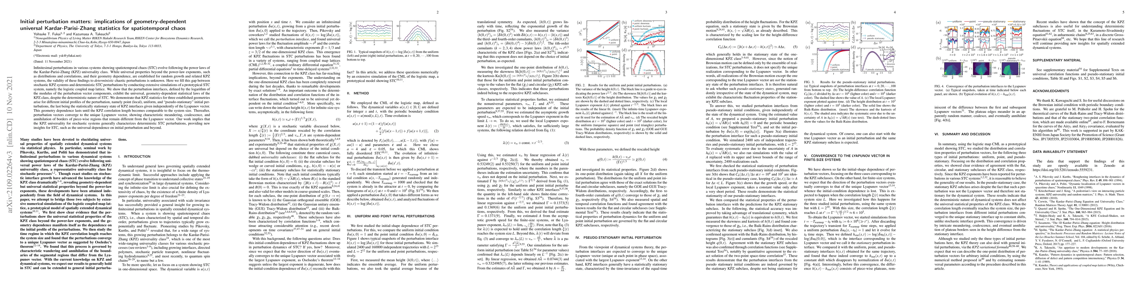 Thumbnail for Initial perturbation matters: implications of geometry-dependent
  universal Kardar-Parisi-Zhang statistics for spatiotemporal chaos