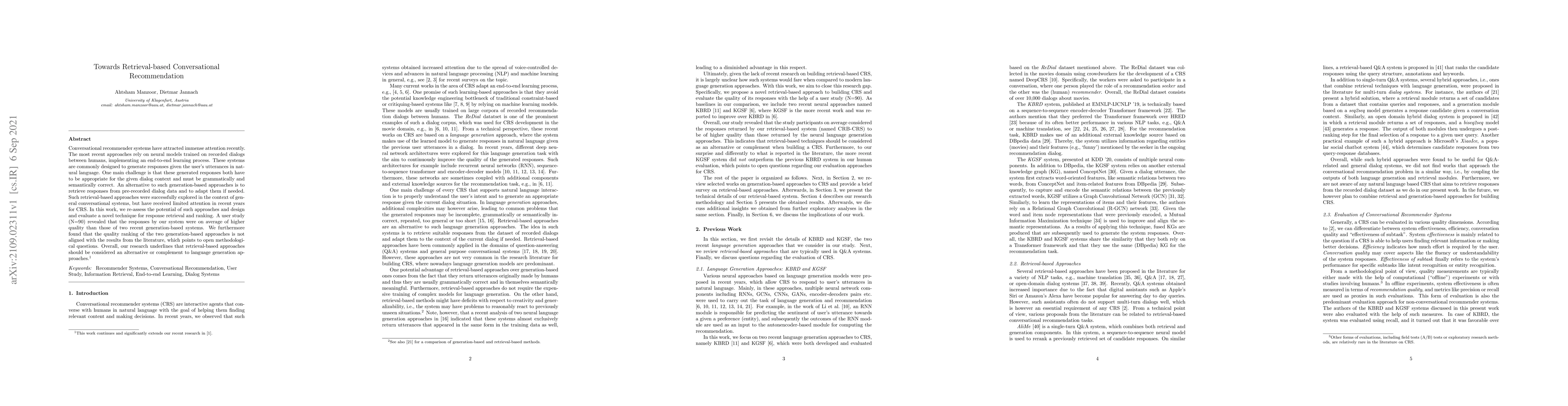 Thumbnail for Towards Retrieval-based Conversational Recommendation