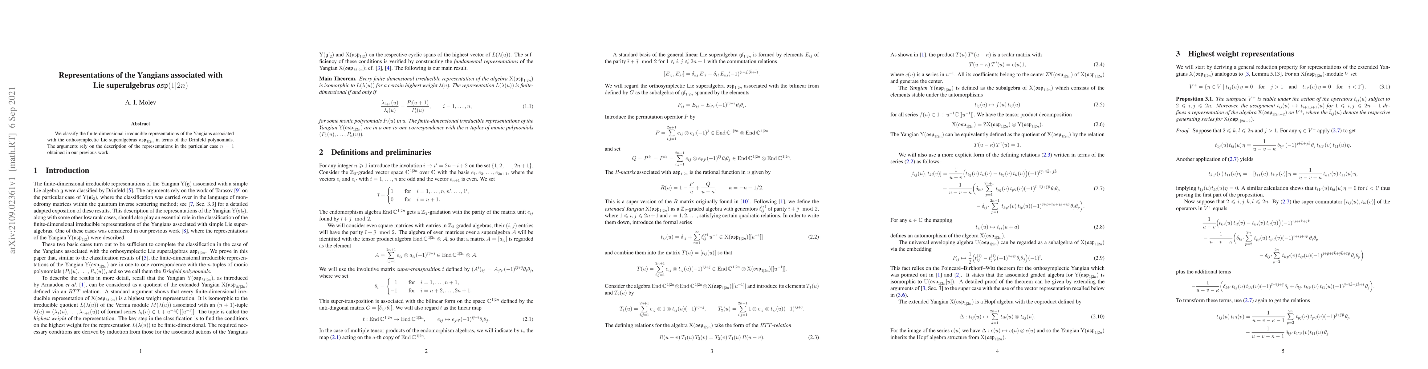 Thumbnail for Representations of the Yangians associated with Lie superalgebras
  ${\frak{osp}}(1|2n)$