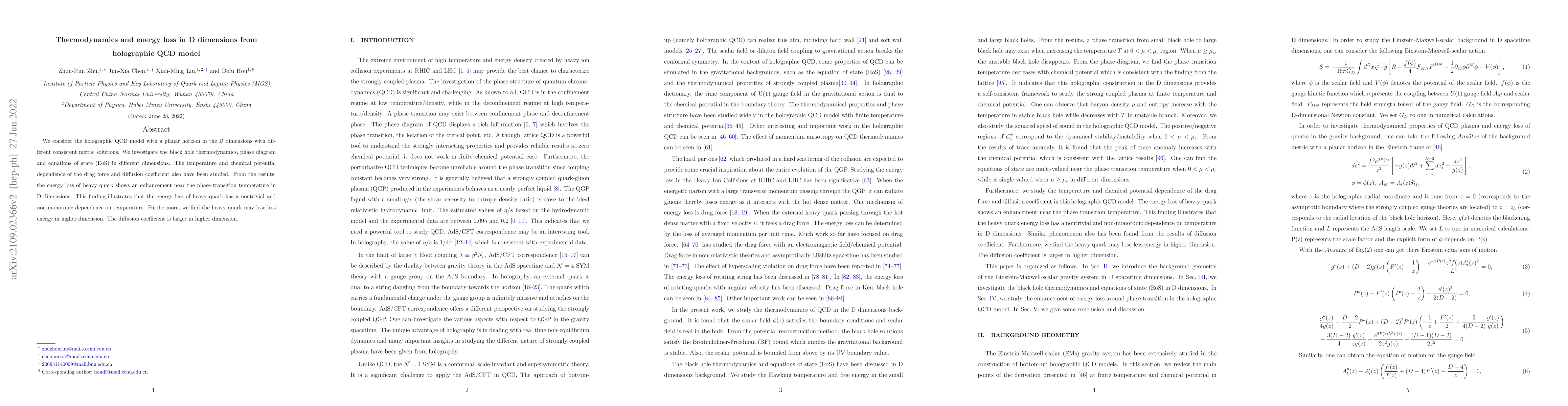 Thumbnail for Thermodynamics and energy loss in D dimensions from holographic QCD
  model