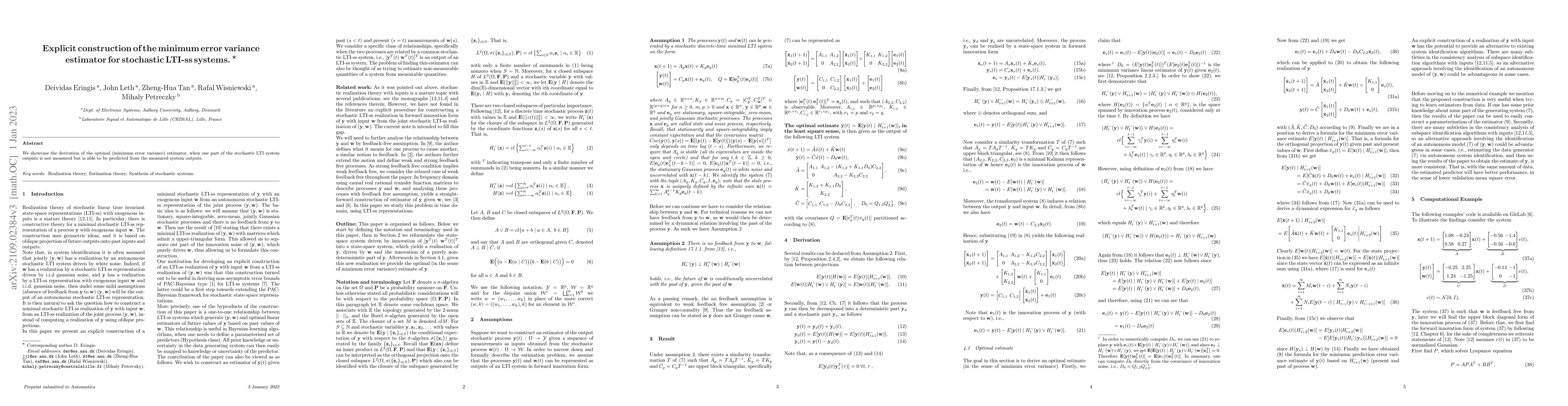 Thumbnail for Explicit construction of the minimum error variance estimator for
  stochastic LTI state-space systems