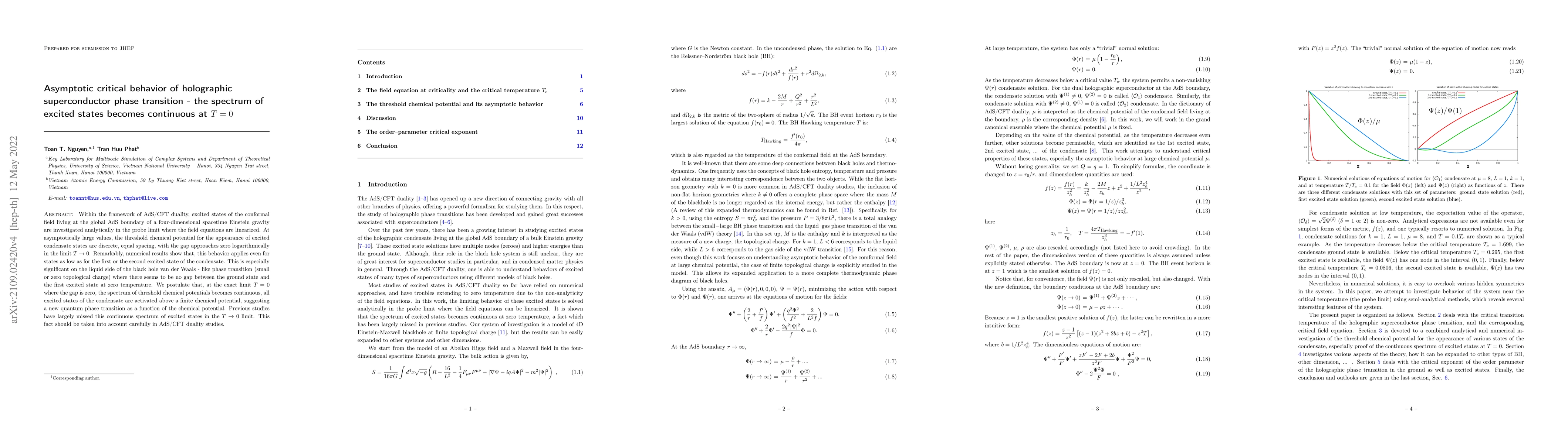 Thumbnail for Asymptotic critical behavior of holographic phase transition at finite
  topological charge -- the spectrum of excited states becomes continuous at
  $T=0$