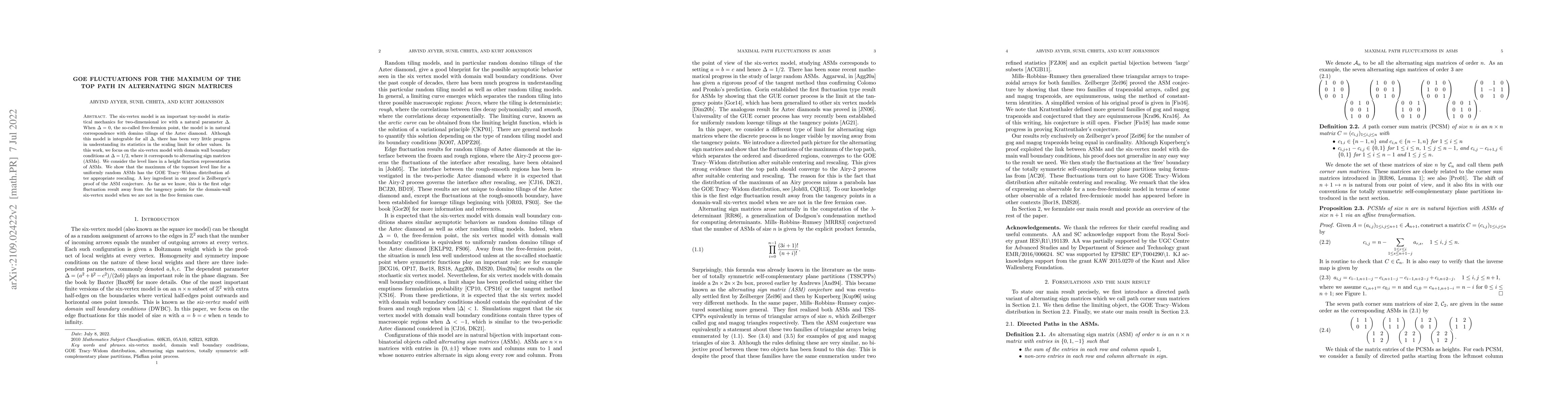 Thumbnail for GOE fluctuations for the maximum of the top path in alternating sign
  matrices