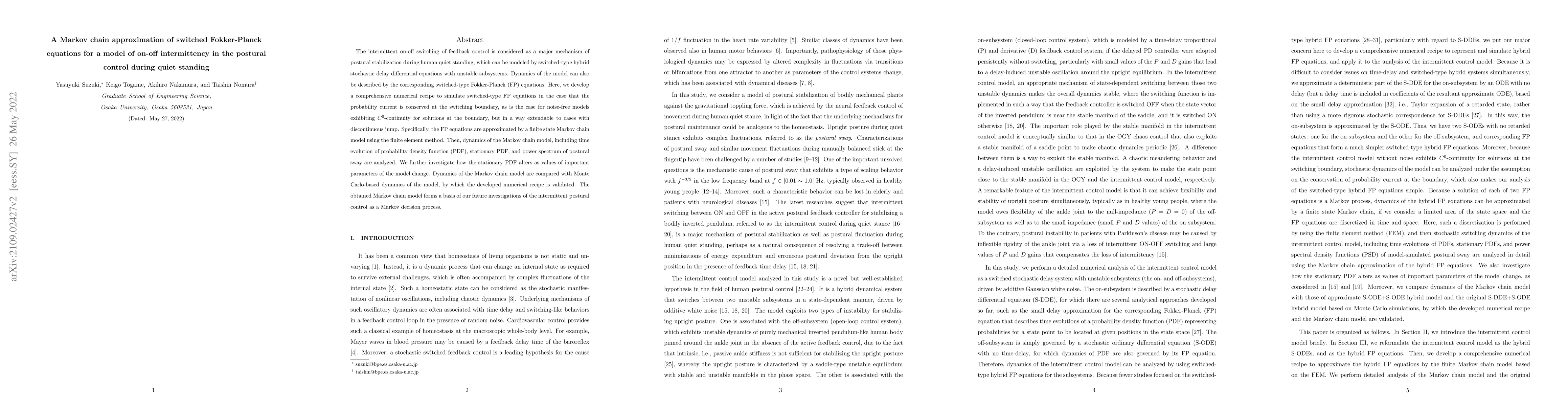 Thumbnail for A Markov chain approximation of switched Fokker-Planck equations for a
  model of on-off intermittency in the postural control during quiet standing