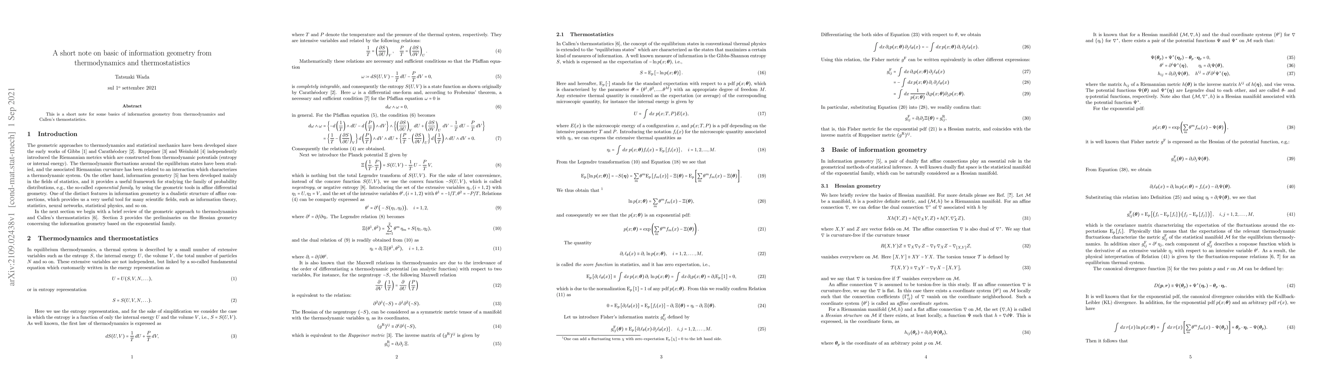 Thumbnail for A short note on basic of information geometry from thermodynamics and
  thermostatistics